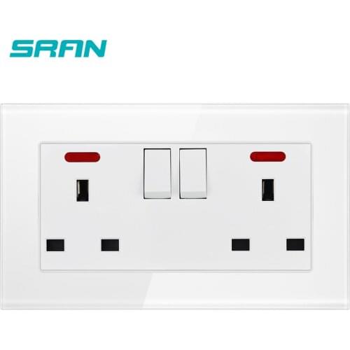 SRAN UK Standard socket with light switch wall power Outlet 146*86mm crystal tempered glass panel for household use
