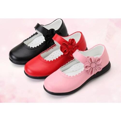 Spring Autumn Girls Shoes Kids School Student Leather Shoes black Big Girls Flowers Princess Shoes Red Pink White black