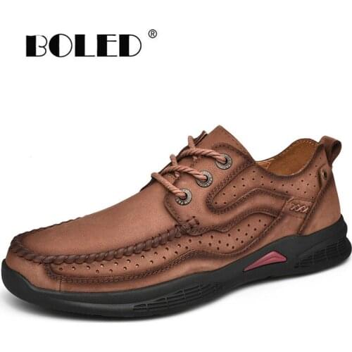 High Quality Rubber Sole Men Shoes Natural Leather Waterproof Casual Shoes Plus Size Autumn Outdoor Lace-up Flats Shoes Men