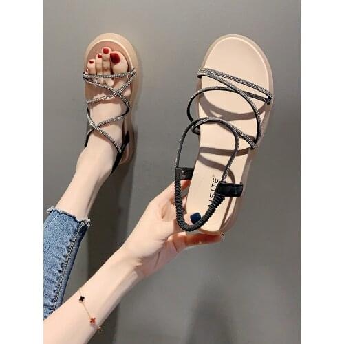 Womens Rhinestone Sandals New Summer All-Match Flat Roman Fashion Shoes Lightweight And Comfortable Womens Shoes