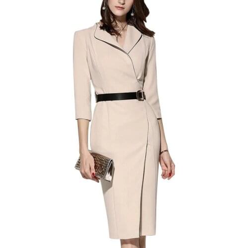 European Style Summer Women Fashion Elegant Solid Turn-down Collar Party Dress Vintage Sheath Office Lady Dress Plus Size 3xl