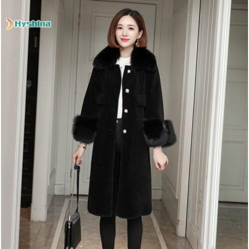 Womens Winter Real Sheep Shearling Coat Female Medium Long Fox Fur Collar Wool Girl Outerwear Tops and Blouses