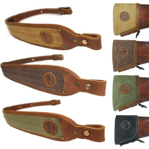 1Set Hunting Rifle Shotgun Sling And Recoil Pad Leather & Canvas Gun Slip On Cheek Rest Buttstock Shoulder Strap Gun Accessories