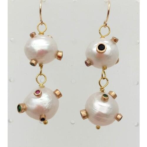 12mm Cultured White Keshi Edison Pearl Cubic Zirconia pave Gold color Plated Hook Earrings cute wedding for women