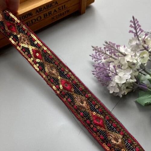 3 Yards Red Gold 32mm Ethnic Gold Thread Sequins Webbing Ribbon Tape Shoes Dress Embroidered Lace Trims DIY Sewing Accessorie
