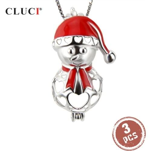 CLUCI 3pcs 925 Sterling Silver Pearl Locket Snow Man Shaped Pendant for Women Christmas Gift Silver 925 Cage Pendant SC162SB