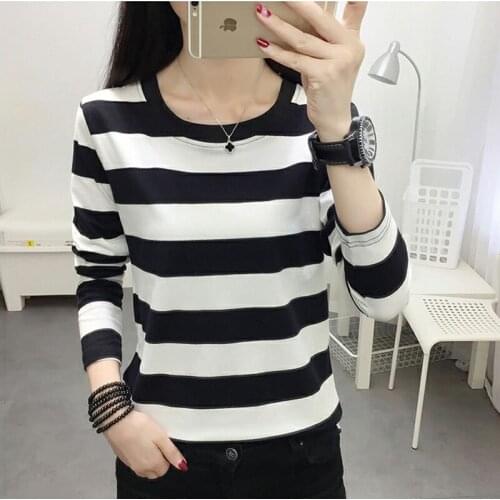 AOSSVIAO Plus Size Autumn O-Neck Stripe T Shirt Women Cotton Winter Tshirt Long Sleeve T-Shirt Cotton Tee Shirt Femme Tops 2021