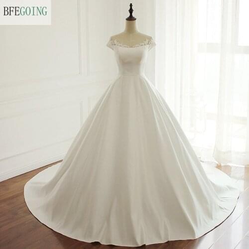 Ivory Satin Floor-Length Ball Gown Wedding dress Chapel Train Zipper Appliques Beading Bridal Gown Custom made