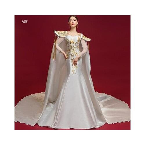 White with embroidery mermaid dress with long cloak coronation train rococo court Gown queen Victoria drama gown