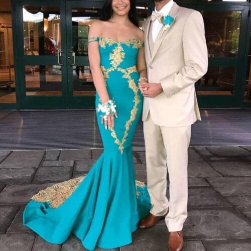 Turquoise Mermaid Prom Dresses Gold Lace Applique 2019 Vestido De Festa Sexy Off the Shoulder Lace Runway Fashion Party Gown