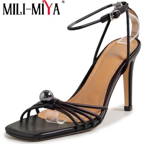 MILI-MIYA Stylish Pearl Stiletto High Heel Narrow Band Elegant Pearl Genuine Leather Ankle Strap Sandals Luxury Wedding Shoes