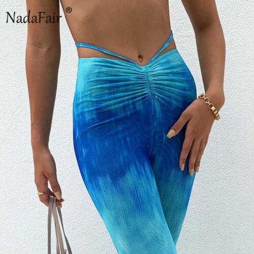 Nadafair Tie Dye Women Trousers Design Ruched Bandage High Waist Flare Pants 2021 Gradient Sexy Pants Women Aesthetic Clothes