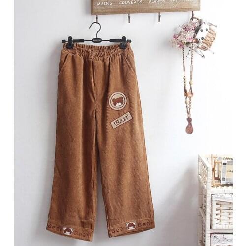 Casual School Girls Bear Printed Loose Corduroy Pants Kawaii Embroidery Roll-Up Straight Wide Leg Pants Cute Female Clothes