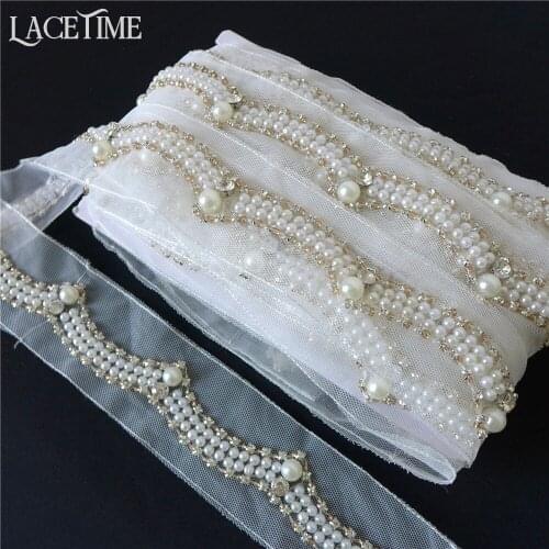 5.7 Yards Exquisite Pearl Beaded Lace Trim With Rhinestone On Mesh DIY Handmade Bridal Sash Belt Sewing Craft 5CM Wide