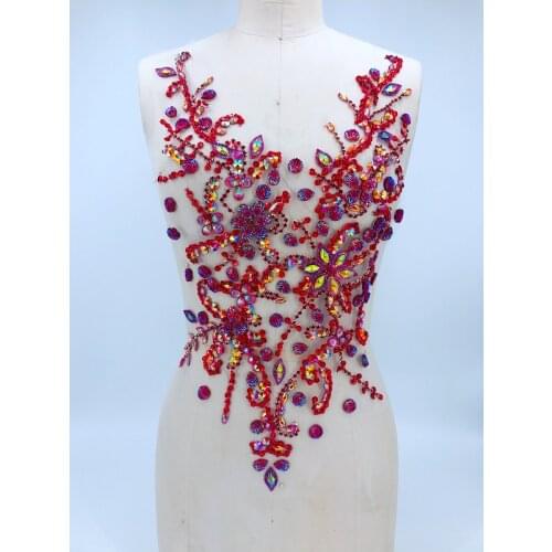 Handmade crystal patches sew on red rhinestones applique on mesh trim for dress front and back
