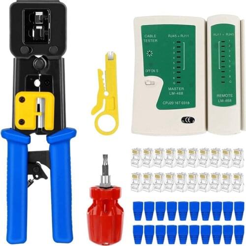 RJ45 Crimp Tool Kit Pass Thru Cat5 Cat5E Cat6 RJ45 Crimping Tool with 20PCS RJ45 Cat6 Pass Through Connectors and Covers
