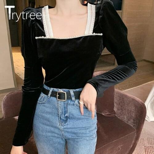 Trytree 2020 Autumn Winter Casual Woman T-shirt Lace Pearl Square Collar Patchwork Corduroy Puff Sleeve T-shirt Top For Women