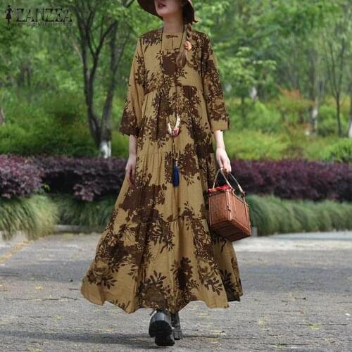 Plus Size ZANZEA Women Summer 3/4 Sleeve Vintage Dress Casual Floral Printed Loose Long Sundress Oversized Maxi Vestidos Kaftan