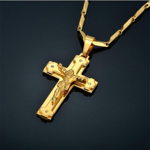 Crucifix & Cross Necklaces Pendants For Men Stainless Steel Gold Color Christ Jesus Piece Necklace Male Christian Jewelry