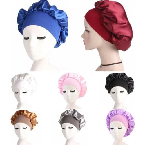 Adjust Women Mother Satin Bonnet Cap Night Sleep Hair Head Cover Wide Band Elastic Hat
