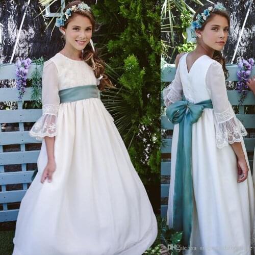 Romantic French Lace Flower Girl Dresses 2019 vestidos primera comunion para ninas 3/4 Long Sleeves & Jewel Neck Different Color