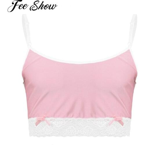 Sexy Mens Sissy Lingerie Camisole Vest Crop Tops Sleepwear Exotic Tanks Adjustable Spaghetti Straps Lace Vest Top Gay Underwear