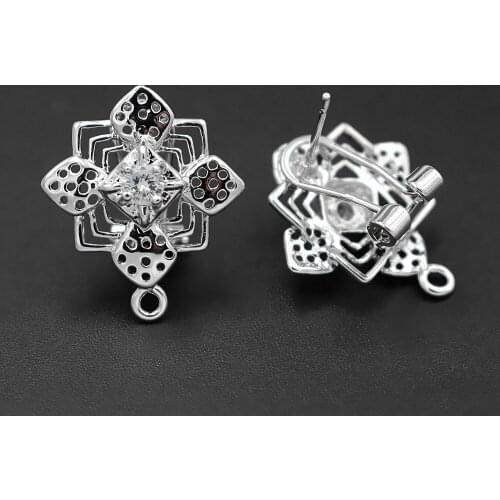 Clip Earrings Post with Loop Hanger Connectors Filigree Square Cross Paved CZ DIY African Nigerian Women Stud Earrings Findings
