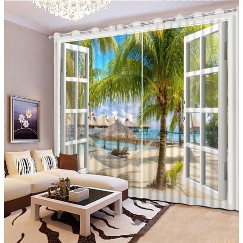 Custom Modern Curtains Photo Beach View 3D Printing Living Room Curtains Bamboo Door Curtains For Bedroom