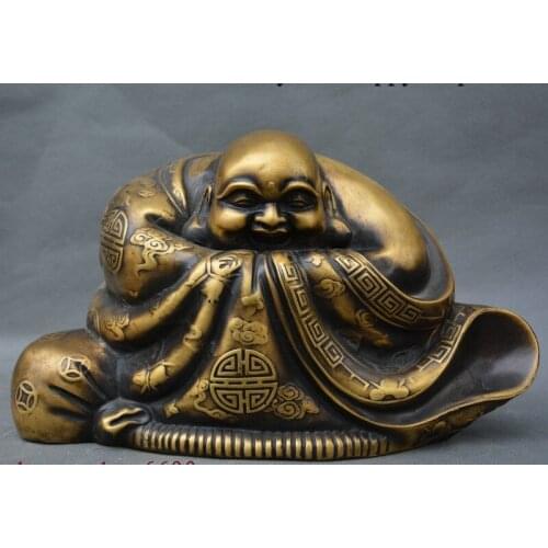 12" Old Chinese Buddhism Bronze Blessing Robe Happy Laugh Maitreya Buddha Statue