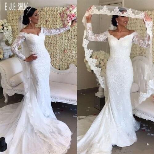 E JUE SHUNG Mermaid Wedding Dresses Illusion Sleeves Bride Dress V-neck Lace Appliques vestido de noiva Bridal Gown With Train