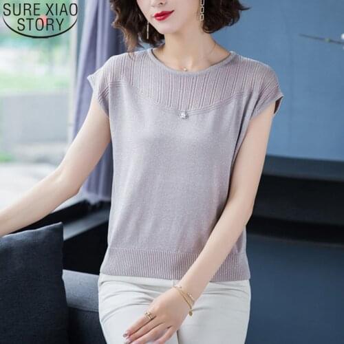 Thin Knitted Shirts Women Bottoming Blouse 2021 Summer New Fashion Womens Clothing Ice Silk Short Sleeve Tops Shirt 9793