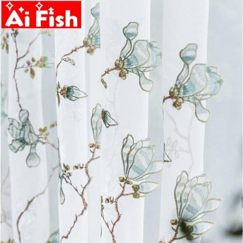 Blue Magnolia Flowers Sheer Tulle Curtains for Living Room Beautiful Print Feather Window Screen Bedroom Voile Curtains MY347#5