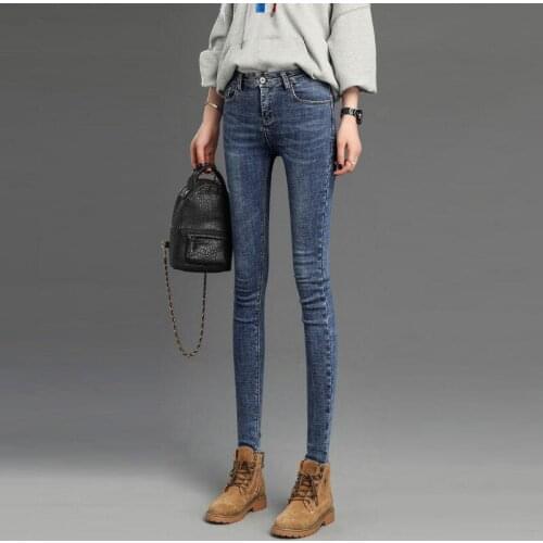 Denim fabric spring jeans women jeans washed pencil jeans high waist ankle-length pants elastic slim trousers students jeans