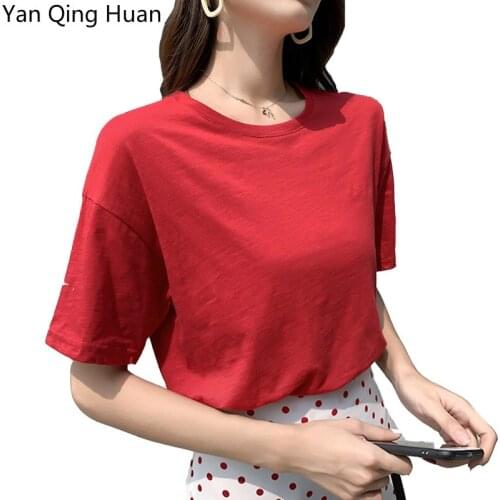 Yan Qing Huan Hot Explosion 2019 Models Solid Color Cotton Loose Korean Short-sleeved T-shirt Harajuku Womens Casual Wild Tees