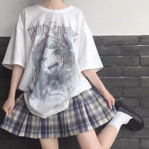 Japanese Cartoon Shoujo Manga Dark Fun Casual Gothic Harajuku T-shirt Hip-Hop Summer Ulzzang Short-Sleeve Chic Vintage Women Top