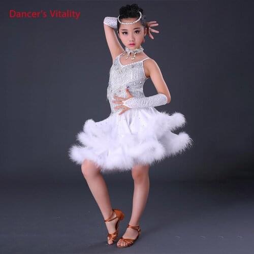 Latin Dance New Competition Skirt Child Adult Temperament Dress Profession Performance Diamonds Feather Clothing