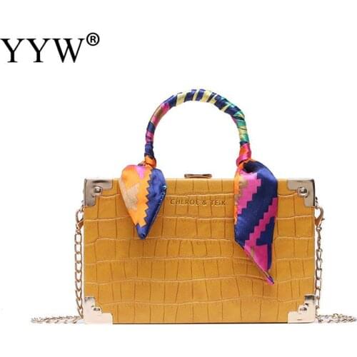 YYW Yellow Box Bag With Ribbons Handbags Female Fashion Young Girl Shoulder Bags Crocodile Grain Luxury Tote Party Purse Wallets