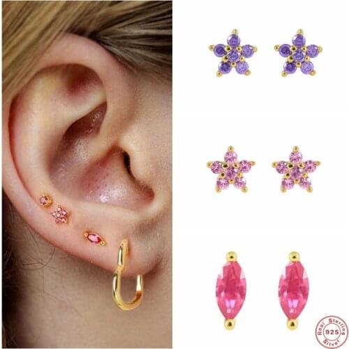 Aide 925 Sterling Silver Colored Zircon Stud Earrings For Women Tiny Flower Oval Shape Green Purple Rose Red Crystal Ear Studs