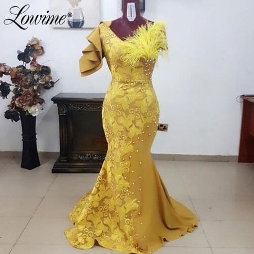 Robe De Soiree African V Neck Evening Dresses Middle East Women Party Gown Dubai Feather Beads Mermaid Prom Dress 2020
