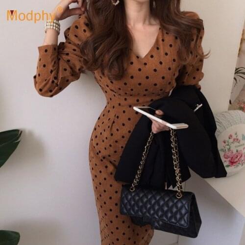 Free Shipping French Style Autumn Women Casual Polka Dot Print Evening Party Corduroy Dresses Eleagnt Lace-Up Slim Fashion New