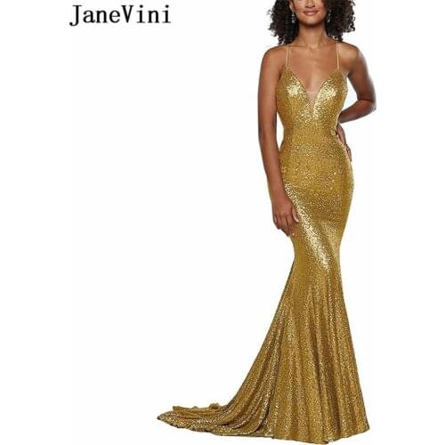 JaneVini Sparkle Long Gold Prom Dress Spaghetti Straps Sequined Mermaid African Sexy Prom Dresses 2019 Plus Size Vestidos Largos