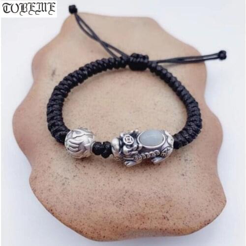 Handmade 999 Silver Pixiu Bracelet 3D Pure Silver Wealth Pixiu Beaded Bracelet Tibetan Six Words Beads Bracelet Good Luck