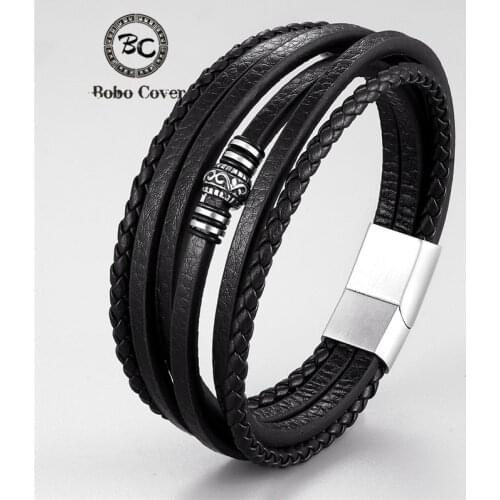 Punk Genuine Leather/PU Bracelets Men Femme Multi-layer Black Bracelet Male Jewelry Homme Stainless Steel Magnetic Accessories