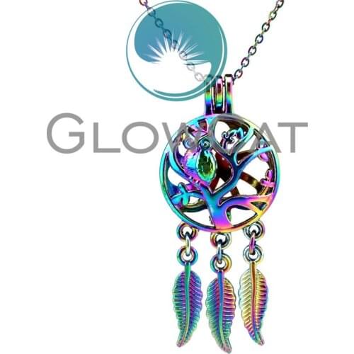 CC711 Colorful Dreamcatcher Owl Tree Beads Cage Pendant Aromatherapy Essential Oil Diffuser Pearl Cage Locket Necklace