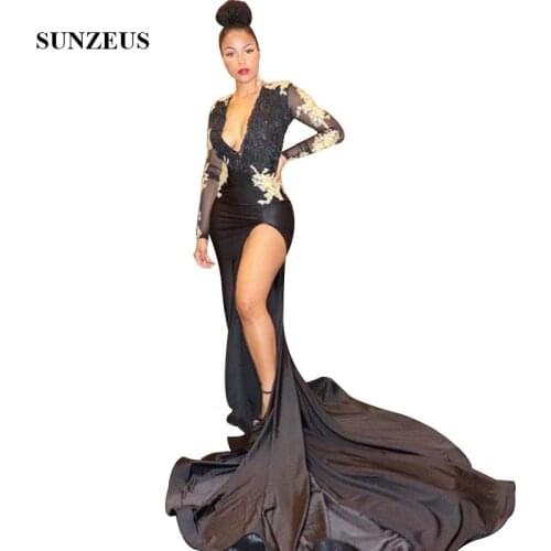 Black And Gold Prom Dress With Appliques Sexy Deep V-neck Side Slit Party Gowns Backless Mermaid Sweep Train Women Long Dress