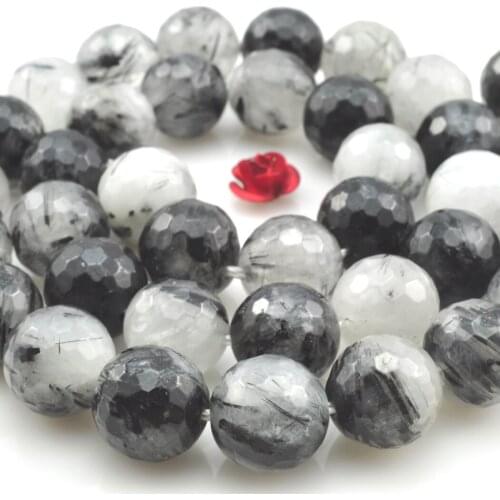 Black Quartz Rutilated 10mm 12mm Natural Gemstone Beads round faceted for silver 925 jewelry Necklace bracelet 15inch icnway