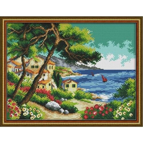 Tree houses and scenery by the sea counted 11CT 14CT Cross Stitch Set DIY DMC The Cross-stitch Embroidery Needlework Home Decor