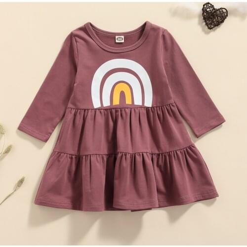 Spring Fall Children Rainbow Print Midi Dress Girls Long Sleeve Round-neck Ruffle Hem Leisure Dress Purple