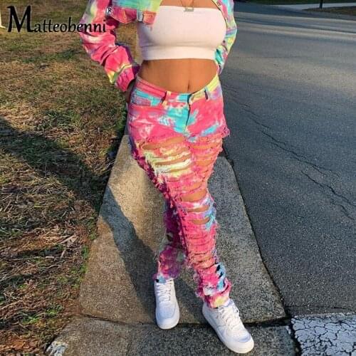 Vintage Dye Hollow Out Hole Ripped Jeans for Women Casual High Waist Elastic Hight Denim Trouser Hip Hop Skinny Jeans Sweatpants
