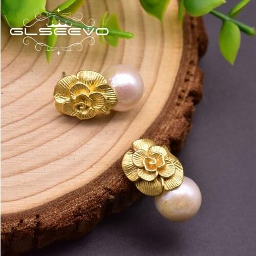 GLSEEVO Fresh Water White Pearls Metal Flower Vintage Drop Earrings For Women Anniversary Silver 925 Ear Pin Fine Jewelry GE0946